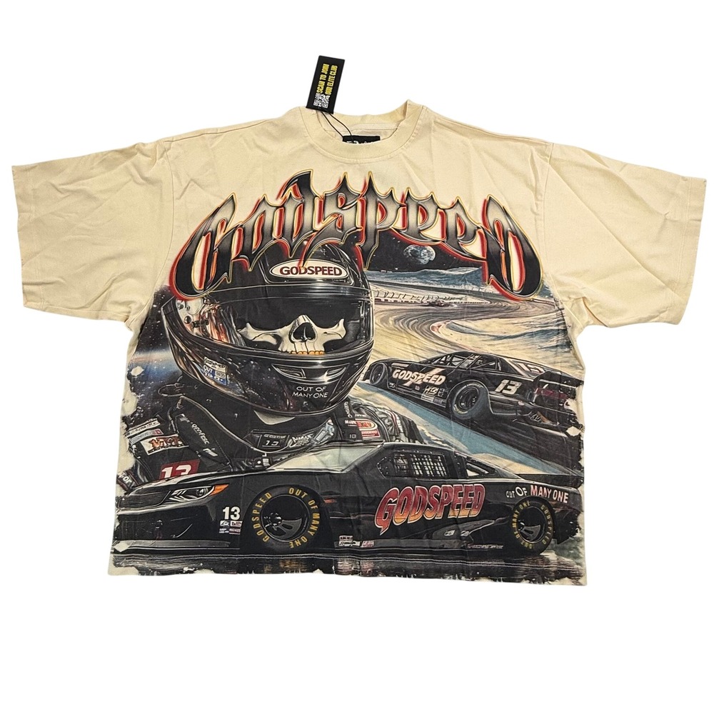 Godspeed Racing Graphic T-Shirt Cream Skull Driver Streetwear Boxy Cotton Tee